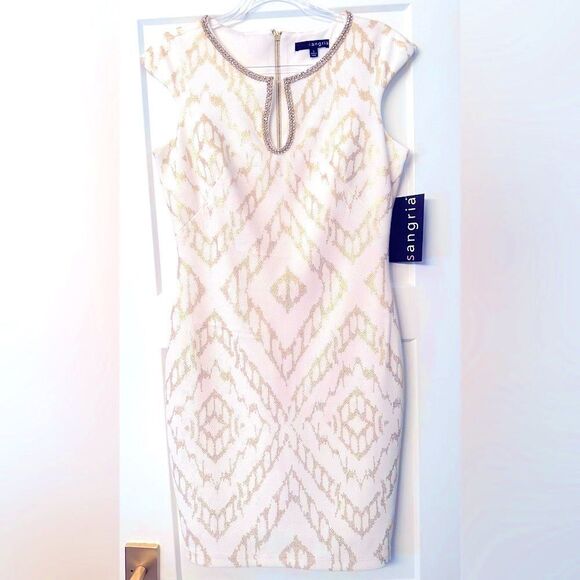 Sangria White and Gold Metallic Cap Sleeve Rhinestone Shift Dress - Picture 3 of 12